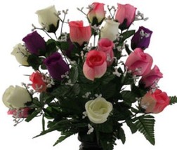 CEMETERY SILK FLOWER Pink Roses Galore Arrangement with Vase - £45.74 GBP