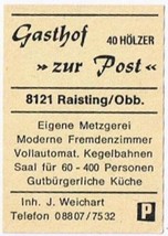 Matchbox Label Germany Gasthof Zur Post At The Post Office - £0.73 GBP