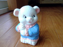 Vintage Adorable Bisque Bear Wearing Blue Outfit Piggy Bank 4 1/2&quot; Baby ... - £7.47 GBP