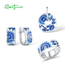 925 Sterling Silver Jewelry Set for Women Blue Flower Enamel Earrings Ring Penda - £116.75 GBP