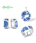 925 Sterling Silver Jewelry Set for Women Blue Flower Enamel Earrings Ri... - $148.23