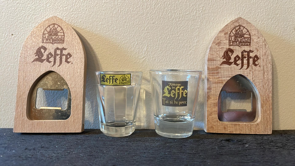 LEFFE BEER SHOT GLASS &amp; BOTTLE OPENERS LOT - $24.03