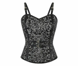 Black Brocade Leather Shoulder Straps Gothic Burlesque Waist Training Bu... - £58.63 GBP