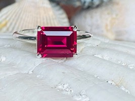 Red ruby ring July birthstone ring emerald cut red gemstone ring anniversaryring - £74.63 GBP