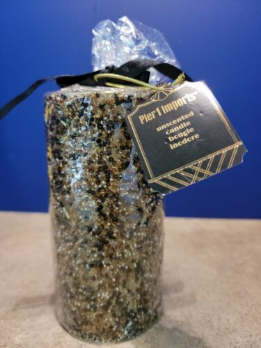 Primary image for Pier 1 Unscented Pillar Candle 6" x 3" Gold Black Factory Sealed Beautiful 