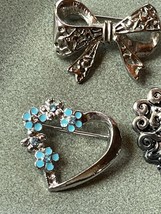 Lot Silvertone Ribbon Bow Open Heart w Blue Enamel Flowers &amp; Victorian R... - £10.29 GBP