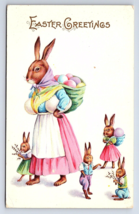 Postcard Easter Greetings Rabbits Carrying Eggs Human-Like Anthropomorphic - £7.86 GBP