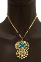 Simulated Blue Turquoise Golden Gold Tone Turkish Style Charmed Pendant ... - £14.42 GBP