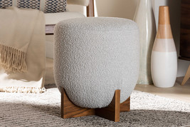 Abella Japandi Light Gray Boucle Fabric and Walnut Brown Ottoman Footstool - $2,796.88 MXN