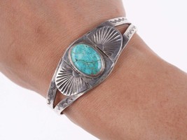 6 1/8&quot; c1930&#39;s Ingot Silver Navajo bracelet with turquoise - $297.00