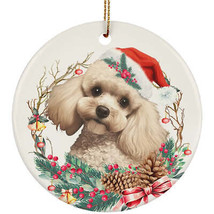 Cute Poodle Puppy Dog Santa Hat &amp; Flower Wreath Christmas Ornament Gift Decor - £11.83 GBP