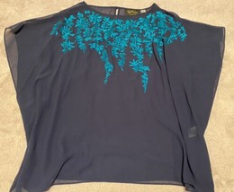 Vintage Bob Mackie Wearable Art blouse floral embroidery Small Navy/emerald - £20.69 GBP