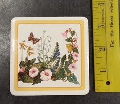 Vintage 3.5 Inch Ceramic Tile Cork Backed Trivet Butterfly and Flowers - £9.43 GBP