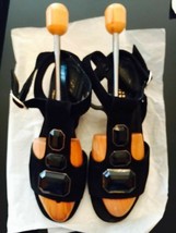 Pre-owned ROBERT  CLERGERIE Black Suede Gem Detail Wedge Sandals SZ 7B - $157.41
