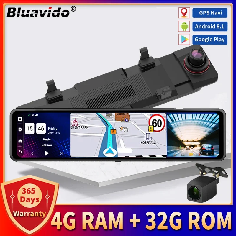 Bluavido 11 Inch 4G Car Mirror Dash Cam Android GPS Navigation ADAS Dual Camera - £151.82 GBP+