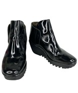 Fly London Yogi Black Patent Leather Wedge Ankle Strap Boot Bootie 38 - £45.38 GBP