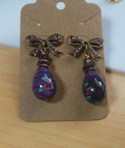 Gold-tone Purple Rhinestone Bow &amp; Floral Glass Art Dangle Pierced Earrings - £73.98 GBP