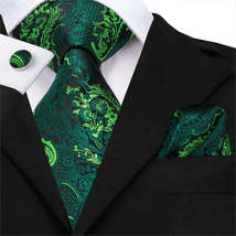 Men Green Ties Floral Tie Paisley Silk Necktie Pocket Square Set - $22.95