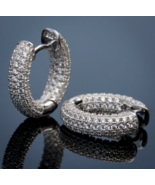 14K White Gold 925 Sterling Silver Fully Iced Mens Round Huggie Hoop Ear... - $30.73 CAD