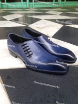 Men&#39;s Navy Blue Leather Dress Shoes High Quality Handcrafted Oxfords - £116.53 GBP+