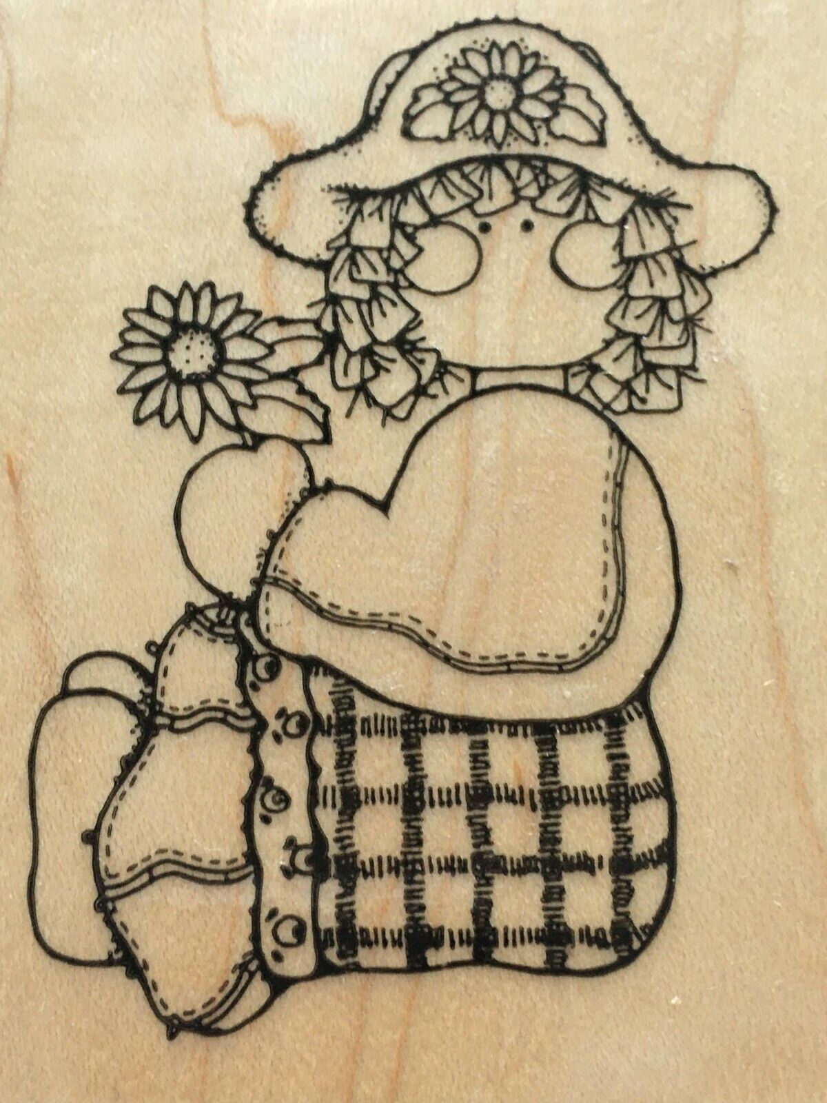 DOTS Stamp Sarah Girl Doll Holding Sunflower Flower Country Plaid Card Making - $4.99
