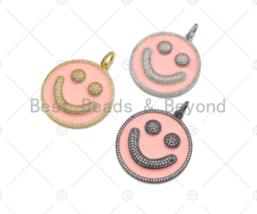 Large Pave Enamel Pink Smiley Face 38mm Pendant, Cubic Zirconia Pave Pendant, - $12.90