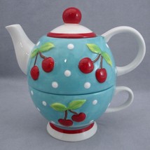 Burton + Burton Cherry Cherrie Pie Tea For One Ceramic Teapot &amp; Cup Vintage 2005 - £30.32 GBP