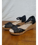TOMS Stucco Cork Platform Wedge Peep Toe Sandals Black Suede Woven Size ... - €16,07 EUR