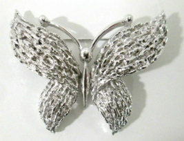 Vintage Trifari Butterfly Brooch Pin Silver Tone Textured &amp; Shiny Signed  - £31.37 GBP