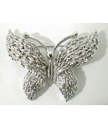 Vintage Trifari Butterfly Brooch Pin Silver Tone Textured &amp; Shiny Signed  - £31.46 GBP