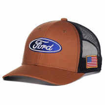 Ford Logo Raised Stitched Patch Pre-Curved Adjustable Trucker Hat Brown - £19.57 GBP