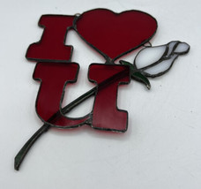 Suncatcher/Stained Glass Handmade I Love You Logo Long Stem White Rose 7 x 6.5&quot; - £28.48 GBP