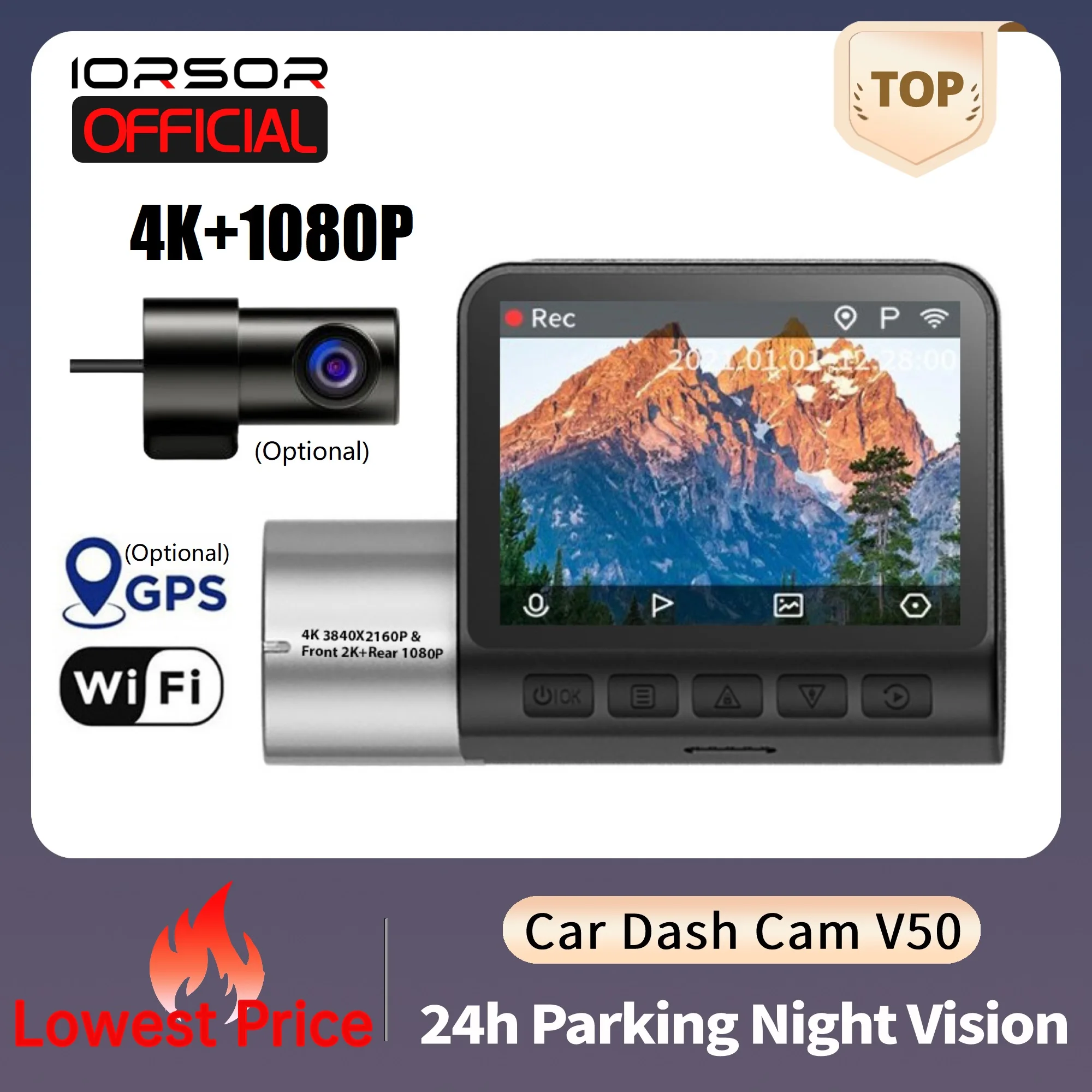Dashcam 4k GPS Wifi 24h Parking Monitor Dash Cam for Cars Dual Camera Front and - £79.57 GBP+