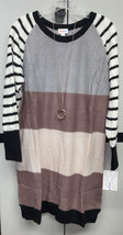 NWT Lularoe Large Cream Gray Mauve Black White Wide Striped Lauren Sweater Dress - £39.14 GBP