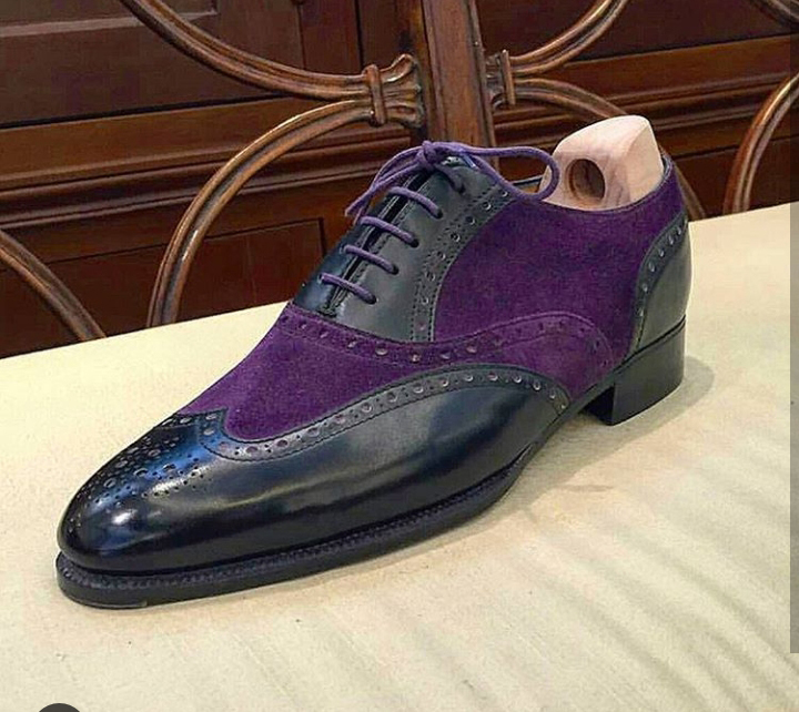 Men Two Tone Black Purple Wingtip Full Brogue Toe Suede Leather Handcrafted Shoe