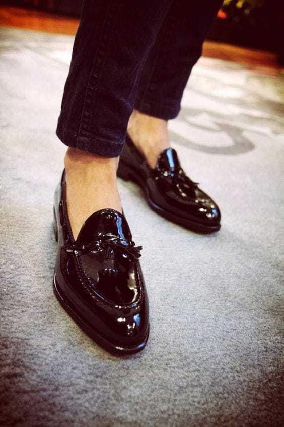 Mens Black Patent Leather Tassels Loafer Handmade Formal Shoes For Gentlemen