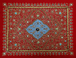 1.5&#39;x2&#39; Kashmir Jewel Red Decorative Wall Hanging Handicraft With Zardozi Decor - £496.75 GBP
