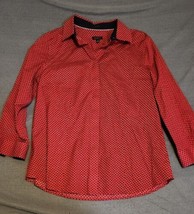 Talbots Blouse Top Shirt Womens Sz 8 Red Navy Wrinkle Resistant Button Printed - £15.94 GBP