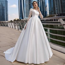 2021 Elegant Satin Muslim Wedding Dress Long Sleeves Scoop Neck Beaded Applique  - £308.54 GBP