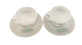Bonnie Blue Carnation Flower Fire King Oven Ware Milk Glass Two Cups &amp; S... - £15.16 GBP