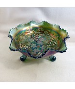 Fenton GRAPE CABLE Bowl Smooth Ball Feet Collar GREEN Sawtooth Rim 8&quot; NICE! - £31.81 GBP