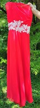 RED FULL LENGTH FORMAL DRESS WITH WHITE TRIMWORK AND SASH - $70.13