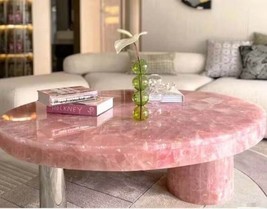 24&quot; Round Pink Quartz Gemstone Dining Table Agate Bar Table Top Cafeteria Decors - £674.24 GBP