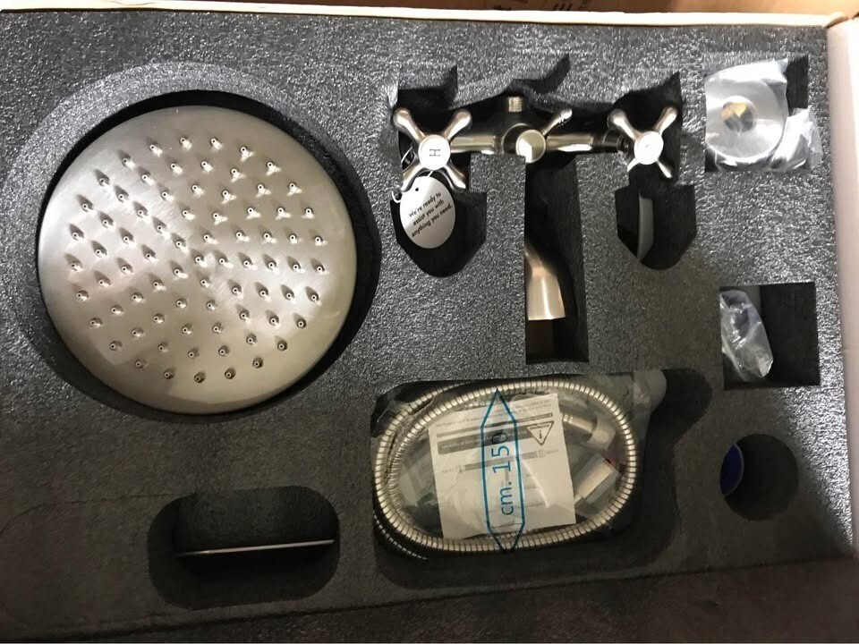 Vintage Style Shower Kit, Rain Head, Handheld, Hot/cold Knobs- Brushed N... - $188.03