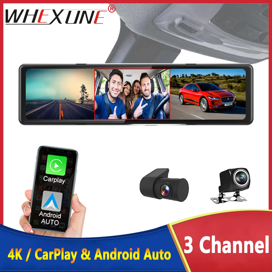 4K Car DVR 3 Channel DashCam GPS Track Night Vision Wireless Apple Carplay and - £127.50 GBP+