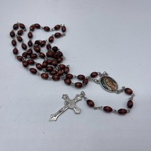 Wood Beaded Chain Mary Rosary Necklace Cross Pendant - $35.50
