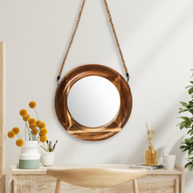Rustic Wood Wall Mirror, 10 Inch Decorative Framed Hanging Mirror, Small round V - £23.97 GBP
