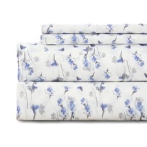 Twin Bed Sheet Set 3Pc Printed Light Blue Flower Pattern Cooling 1800 Microfiber - £34.00 GBP