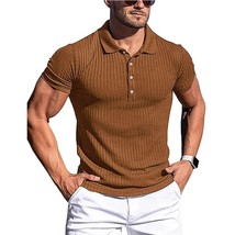 Men&#39;s Solid Stripe Fitness Polo Shirt with Elasticity and Short Sleeves - £29.05 GBP