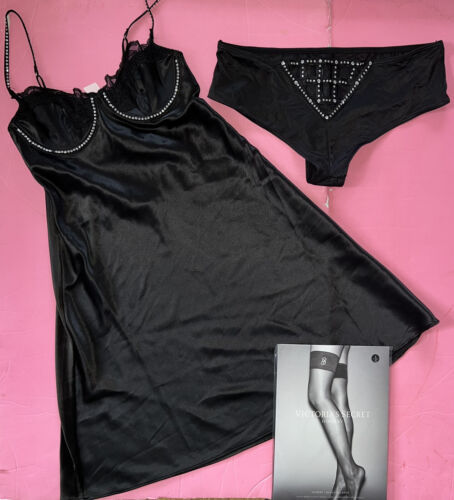 Primary image for Victoria's Secret 32A/32B XS GARTER SLIP S BLACK satin CRYSTALLIZED SHINE STRAP